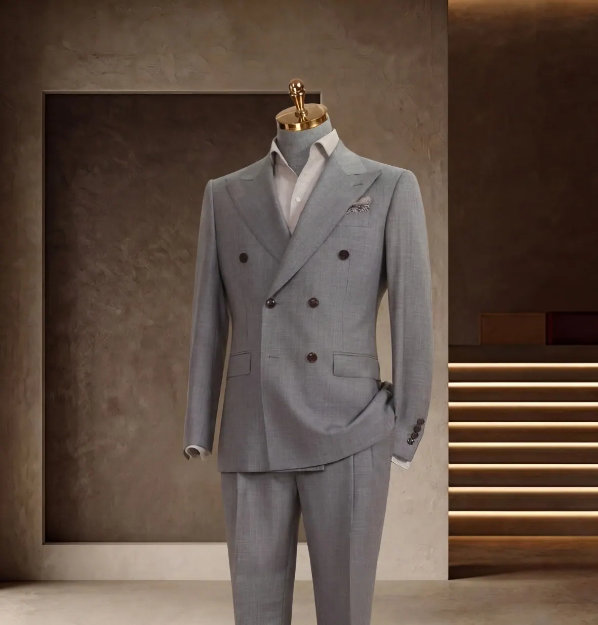 Banker Series look 9: Light gray double-breasted, Brass buttons, Summer business at Wuyue Bespoke Tailoring Shanghai
