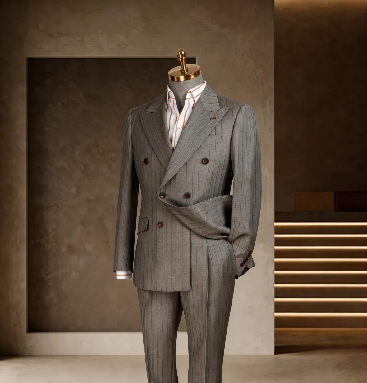 Banker Series look 10: Gray pinstripe, Double-breasted, Power suit at Wuyue Bespoke Tailoring Shanghai