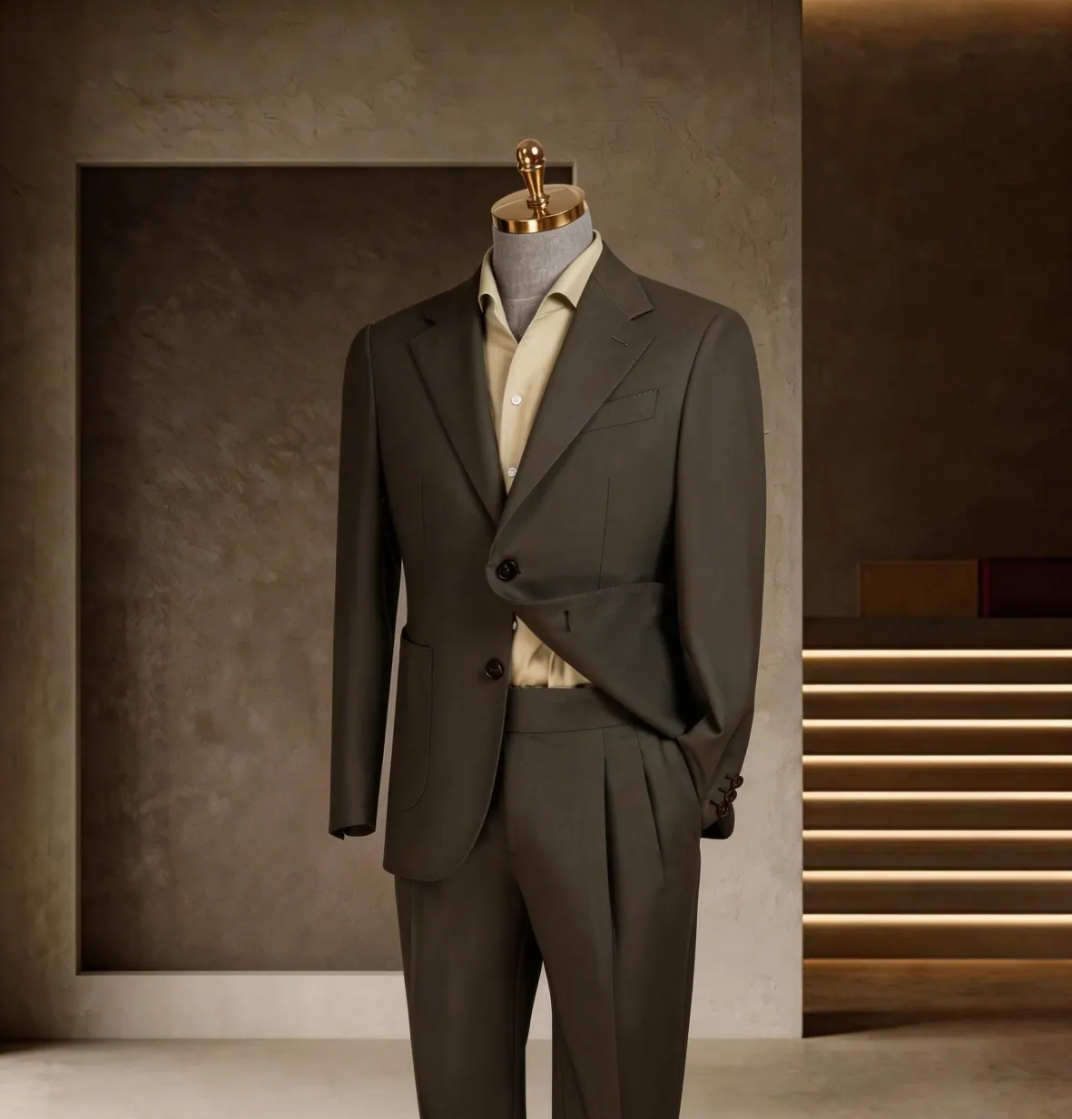 Banker Series look 11: Olive single-breasted, Cream tie, Understated executive at Wuyue Bespoke Tailoring Shanghai