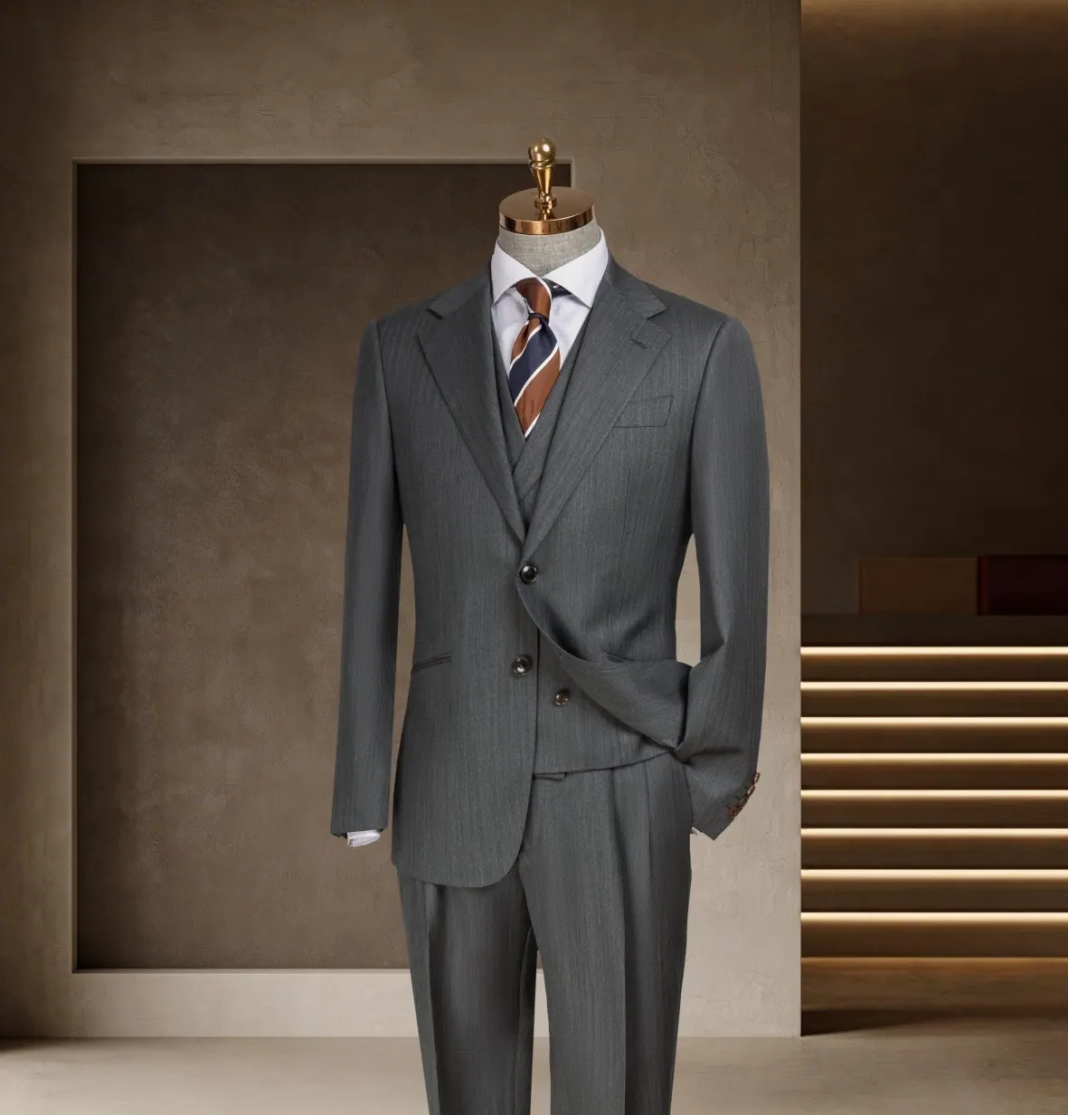 Banker Series look 12: Charcoal three-piece, Striped tie, Structured tailoring at Wuyue Bespoke Tailoring Shanghai