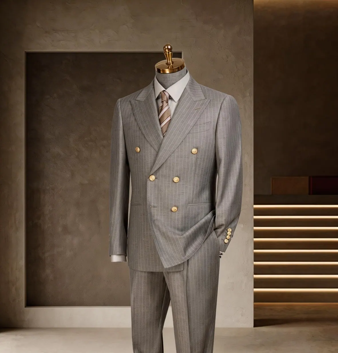 Banker Series look 13: Light gray pinstripe, Double-breasted, Brass buttons at Wuyue Bespoke Tailoring Shanghai