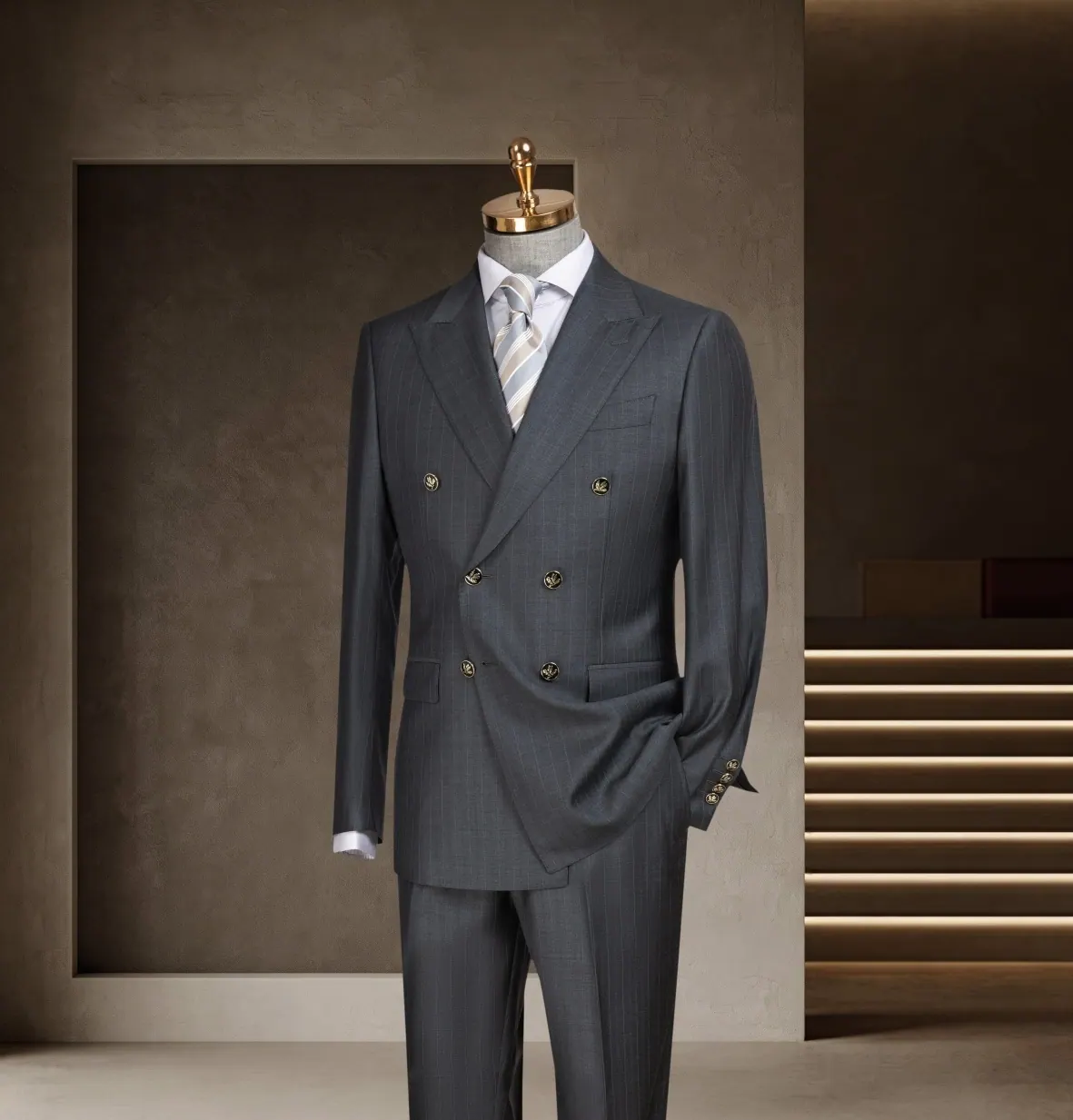 Banker Series look 15: Blue-gray double-breasted, Waistcoat, Composed executive at Wuyue Bespoke Tailoring Shanghai