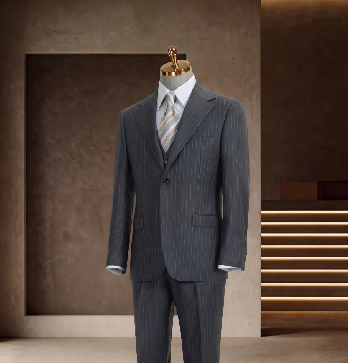 Banker Series look 16: Blue-gray three-piece, Single-breasted, Reserved business at Wuyue Bespoke Tailoring Shanghai