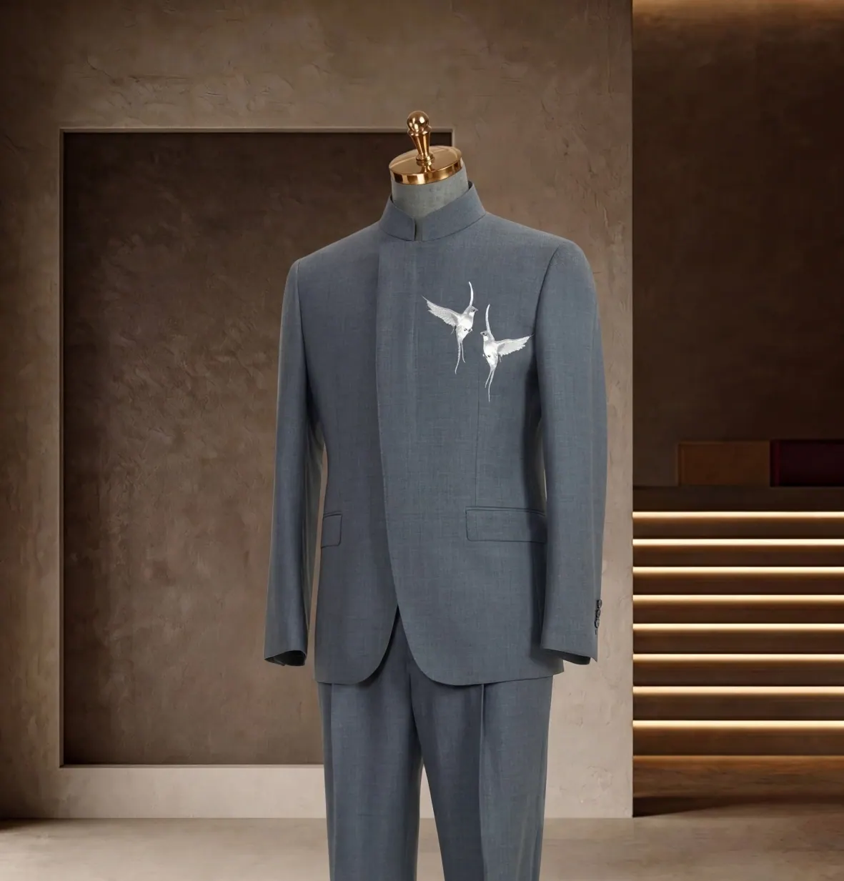 Formalwear Collection look 1: Blue mandarin collar, Crane embroidery, Ceremonial suit at Wuyue Bespoke Tailoring Shanghai