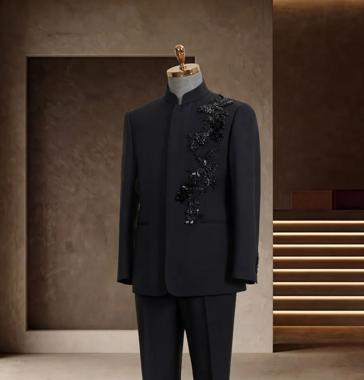 Formalwear Collection look 3: Black mandarin collar, Tonal floral detail, Ceremonial formalwear at Wuyue Bespoke Tailoring Shanghai