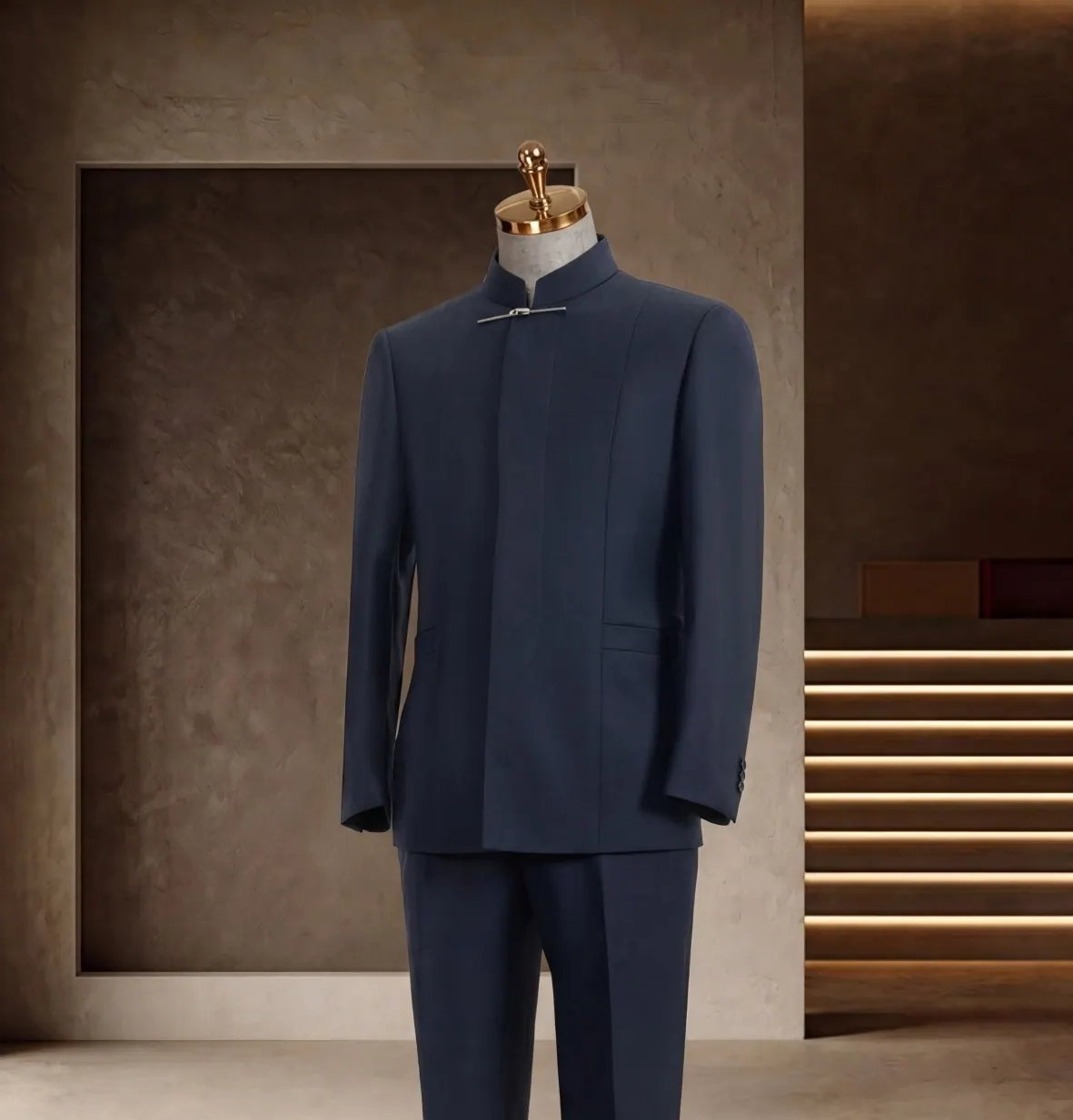 Formalwear Collection look 8: Navy mandarin collar, Quiet ceremony, Minimal formalwear at Wuyue Bespoke Tailoring Shanghai