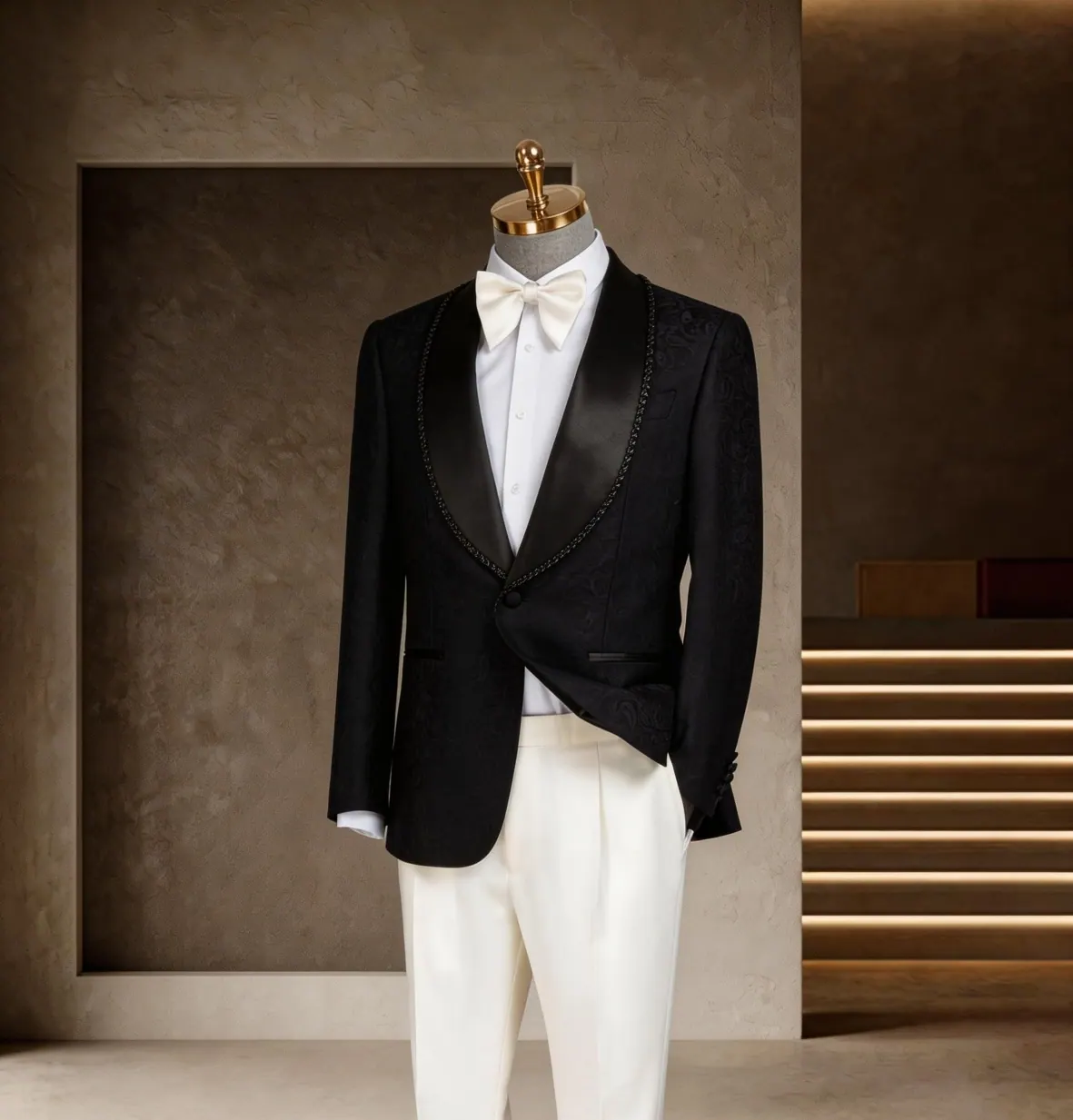 Formalwear Collection look 9: Black velvet jacket, Ivory trousers, Evening separates at Wuyue Bespoke Tailoring Shanghai