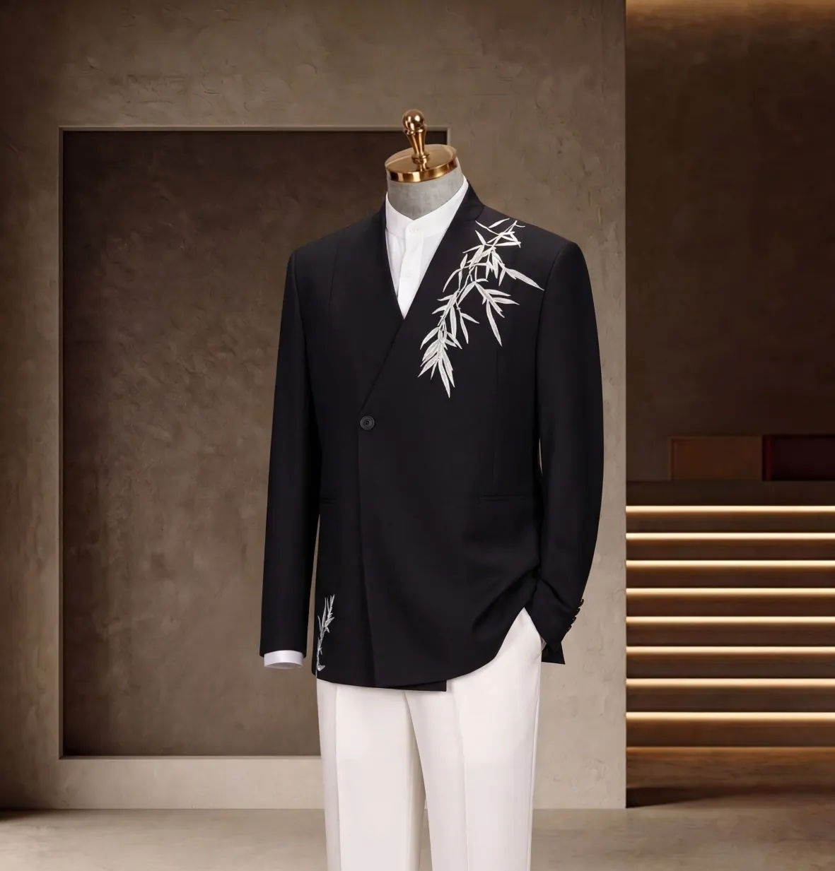Formalwear Collection look 10: Navy dinner jacket, Silver embroidery, White trousers at Wuyue Bespoke Tailoring Shanghai