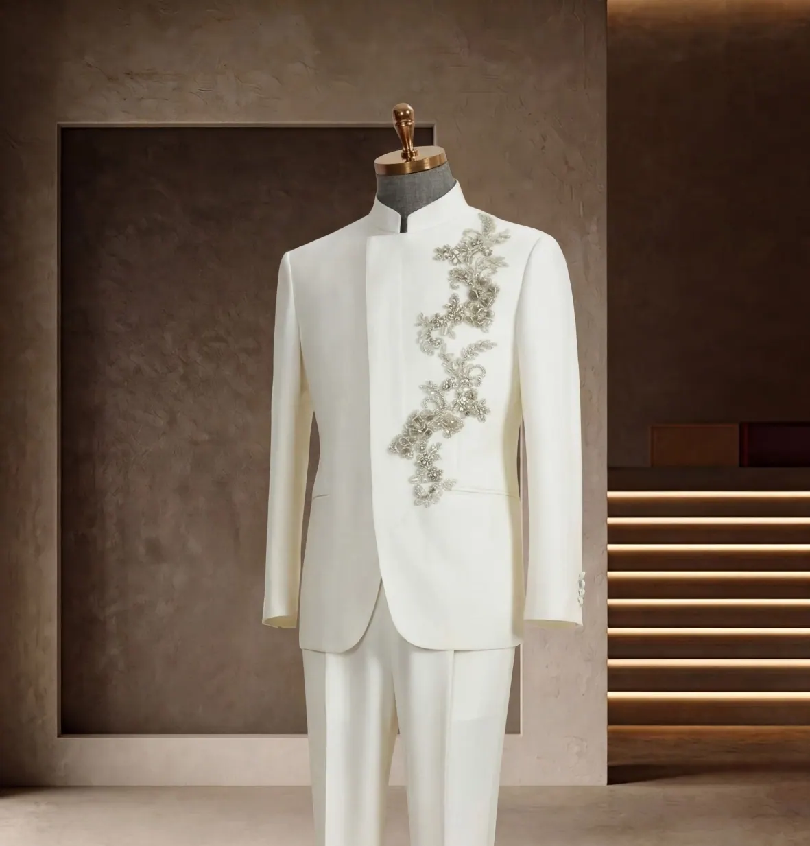 Formalwear Collection look 14: White mandarin suit, Botanical embroidery, Wedding ceremony at Wuyue Bespoke Tailoring Shanghai