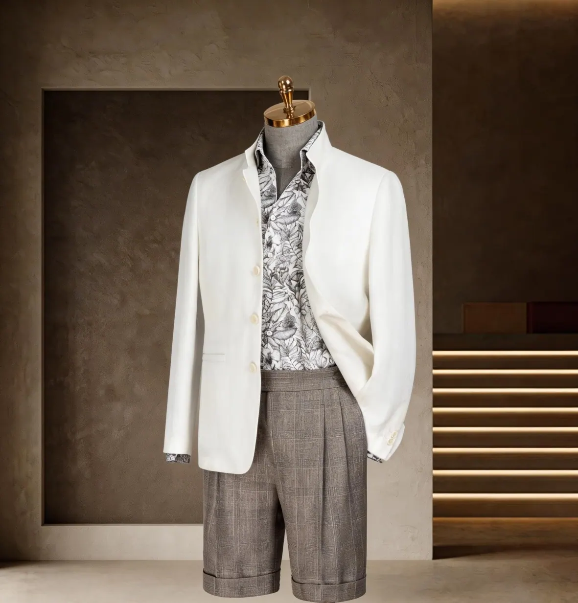 Southern French Vacation Series look 1: White blazer, Patterned shirt, Pleated shorts at Wuyue Bespoke Tailoring Shanghai