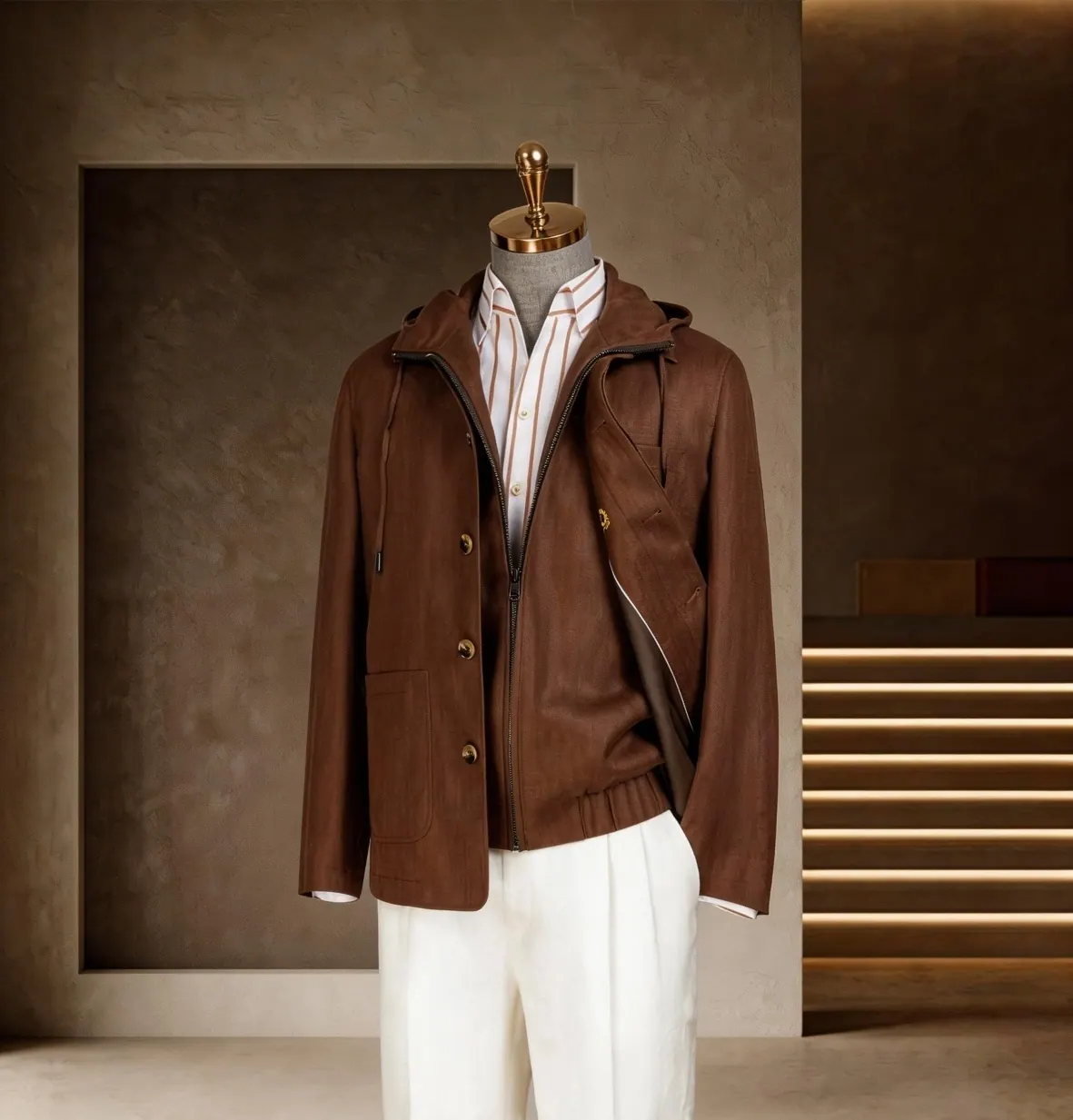 Southern French Vacation Series look 2: Cognac overshirt, Knit polo, White trousers at Wuyue Bespoke Tailoring Shanghai