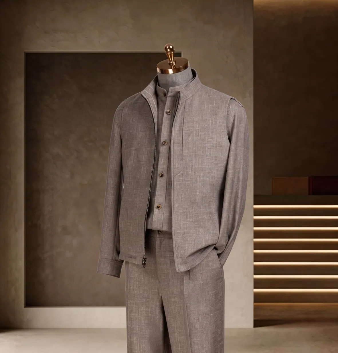 Southern French Vacation Series look 3: Greige casual set, Zip knit, Soft travel layers at Wuyue Bespoke Tailoring Shanghai
