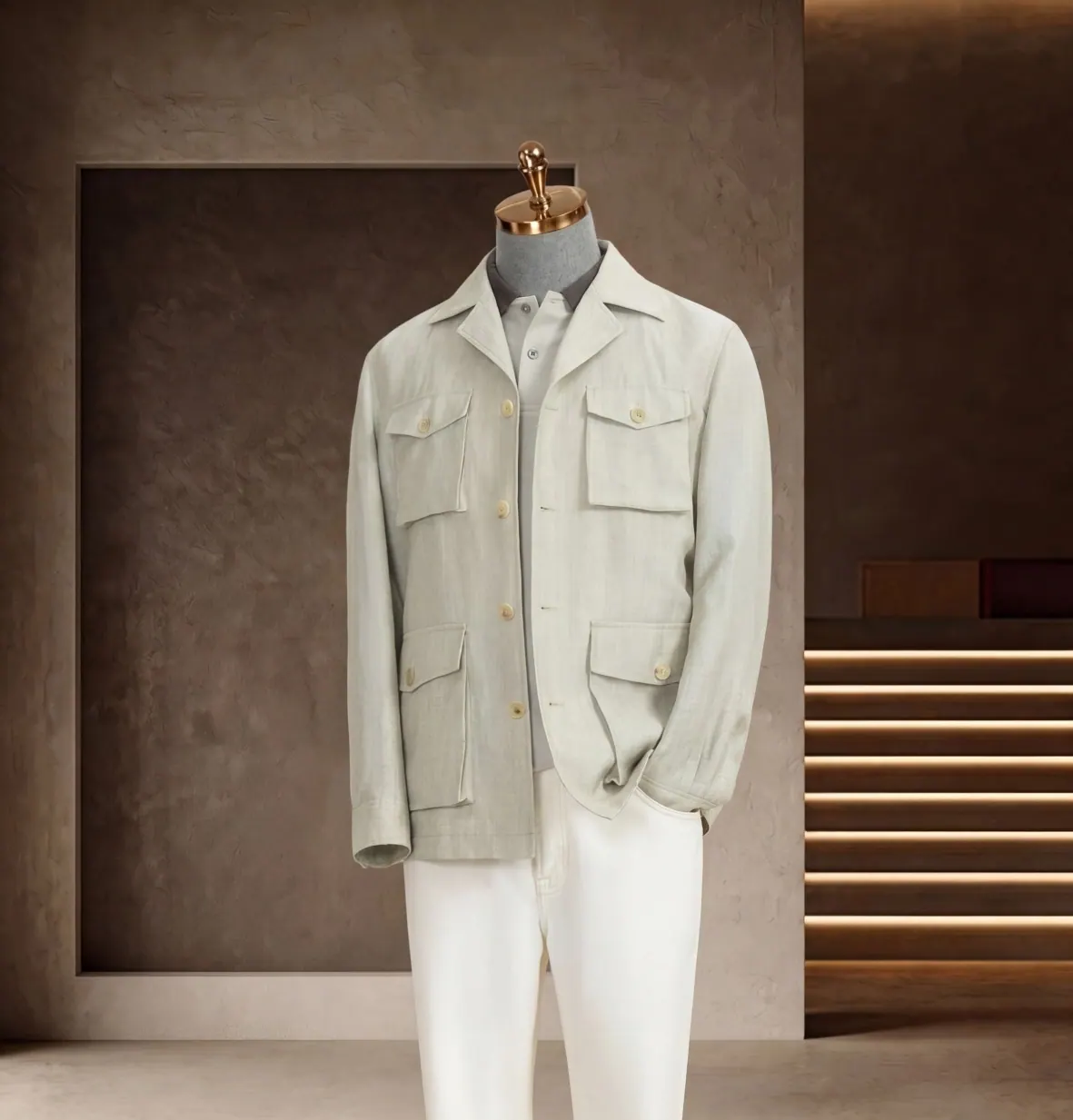 Southern French Vacation Series look 4: Ivory safari jacket, White trousers, Riviera utility at Wuyue Bespoke Tailoring Shanghai