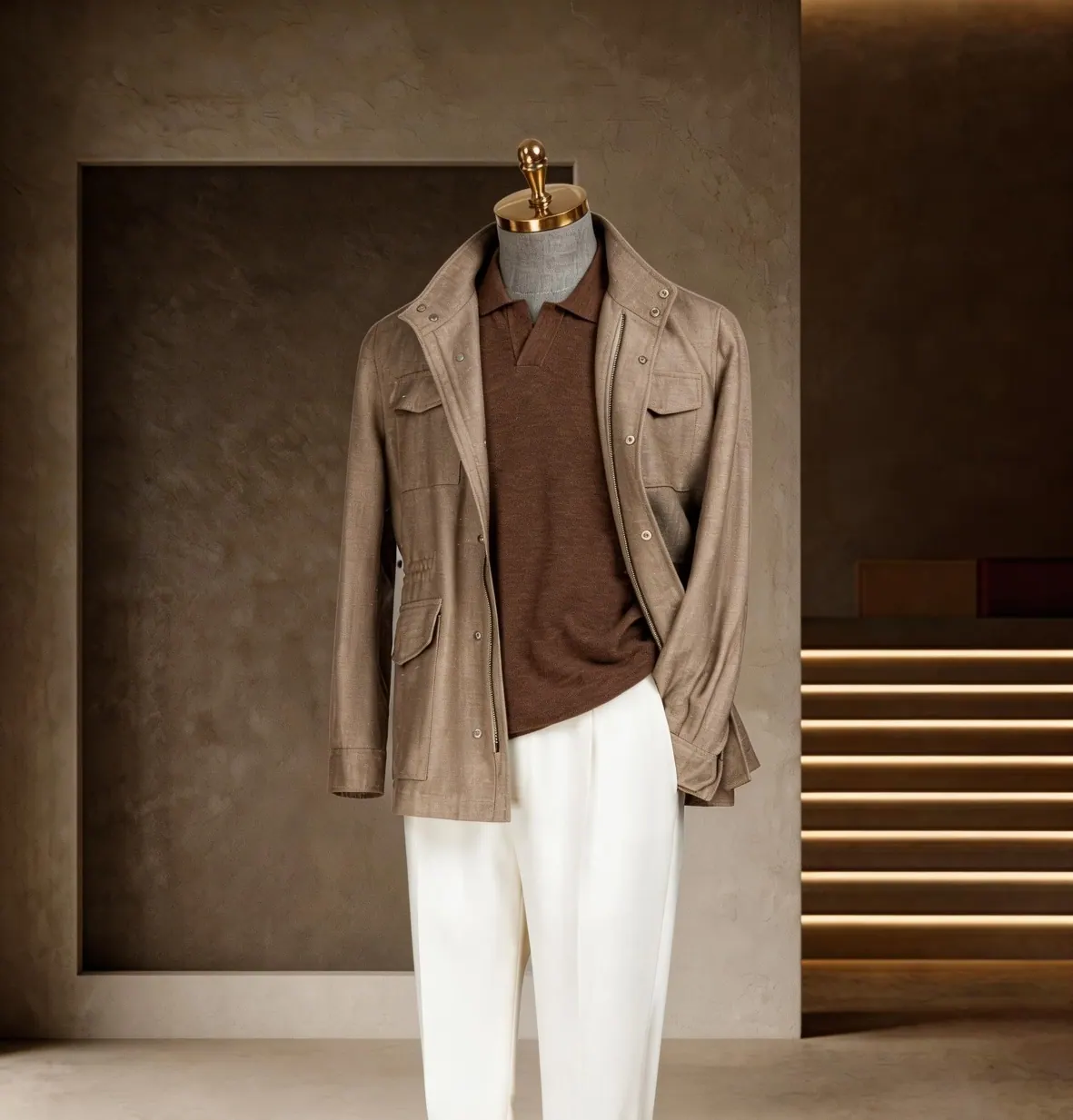 Southern French Vacation Series look 5: Taupe shirt jacket, Knit polo, Relaxed separates at Wuyue Bespoke Tailoring Shanghai