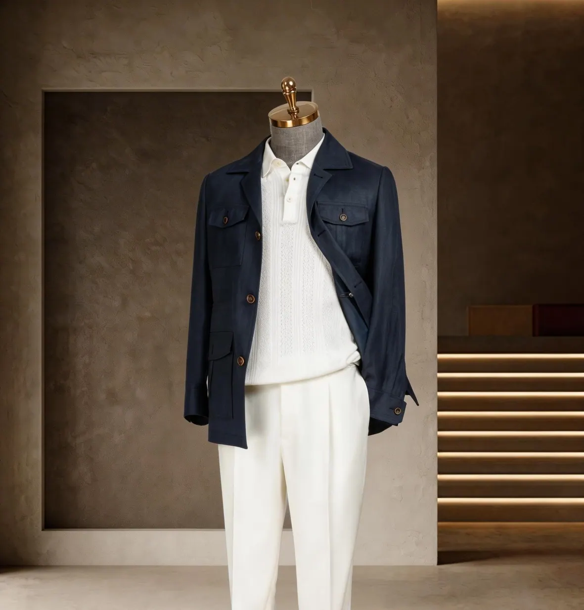 Southern French Vacation Series look 6: Navy overshirt, White knit, Seaside palette at Wuyue Bespoke Tailoring Shanghai