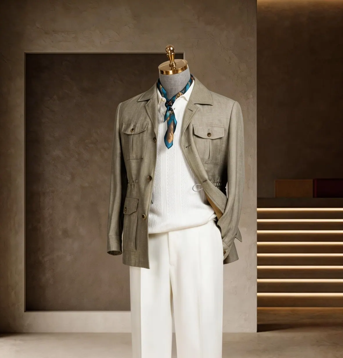 Southern French Vacation Series look 7: Khaki safari jacket, Neckerchief, Cream trousers at Wuyue Bespoke Tailoring Shanghai
