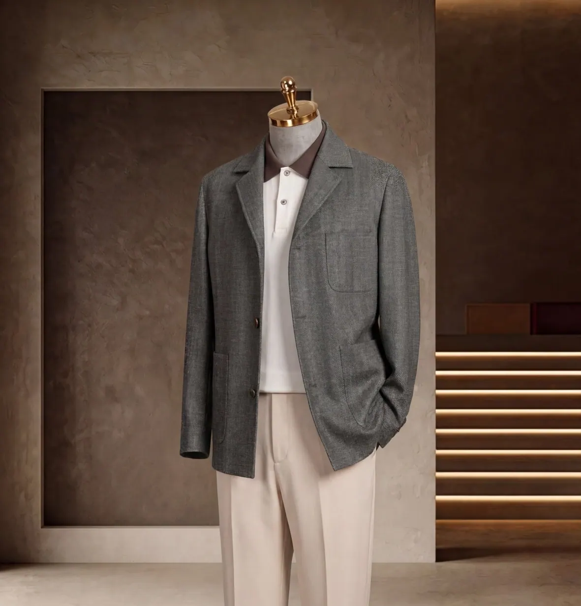 Southern French Vacation Series look 8: Gray blazer, Blush polo, Soft tailoring at Wuyue Bespoke Tailoring Shanghai
