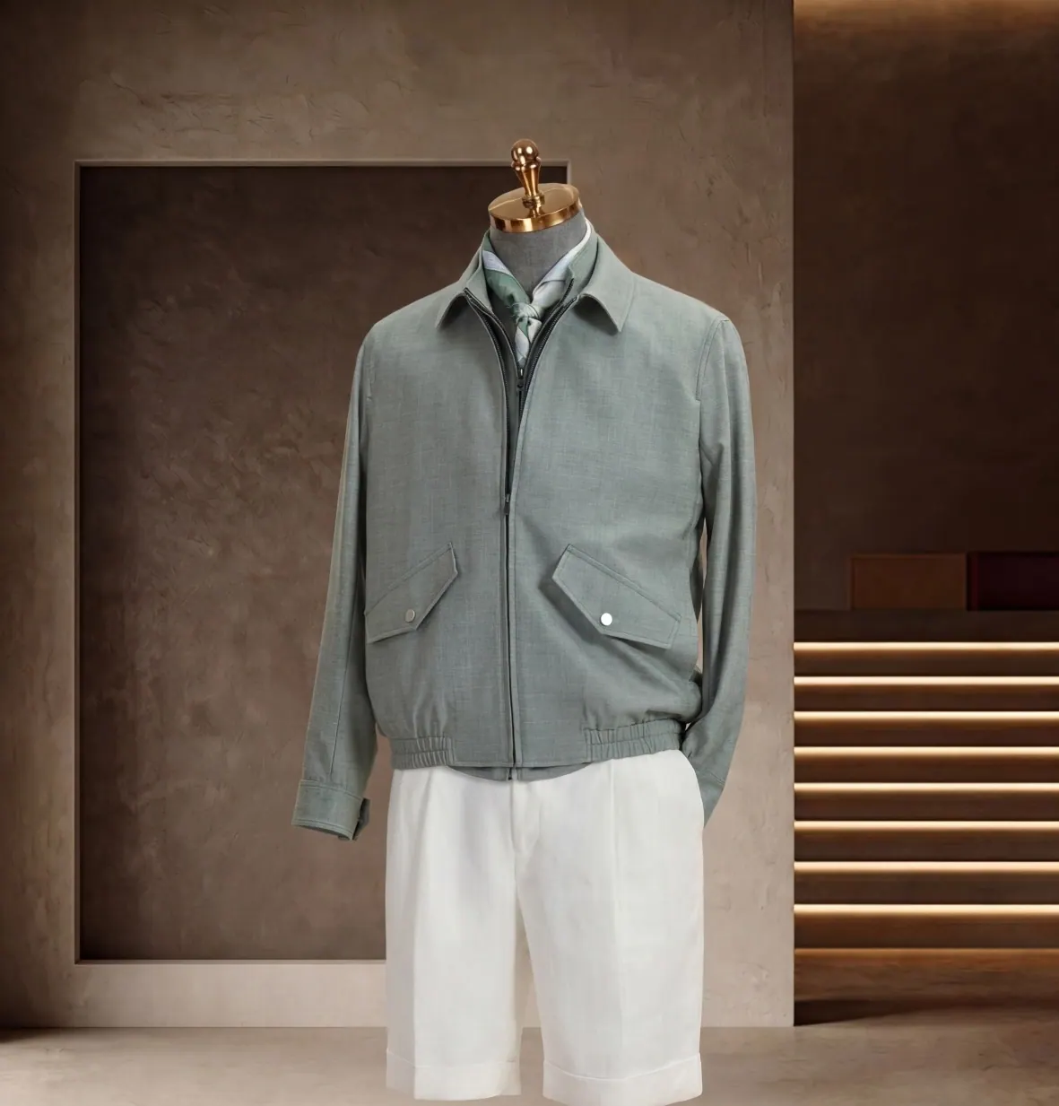 Southern French Vacation Series look 9: Sage shirt, White trousers, Light resortwear at Wuyue Bespoke Tailoring Shanghai