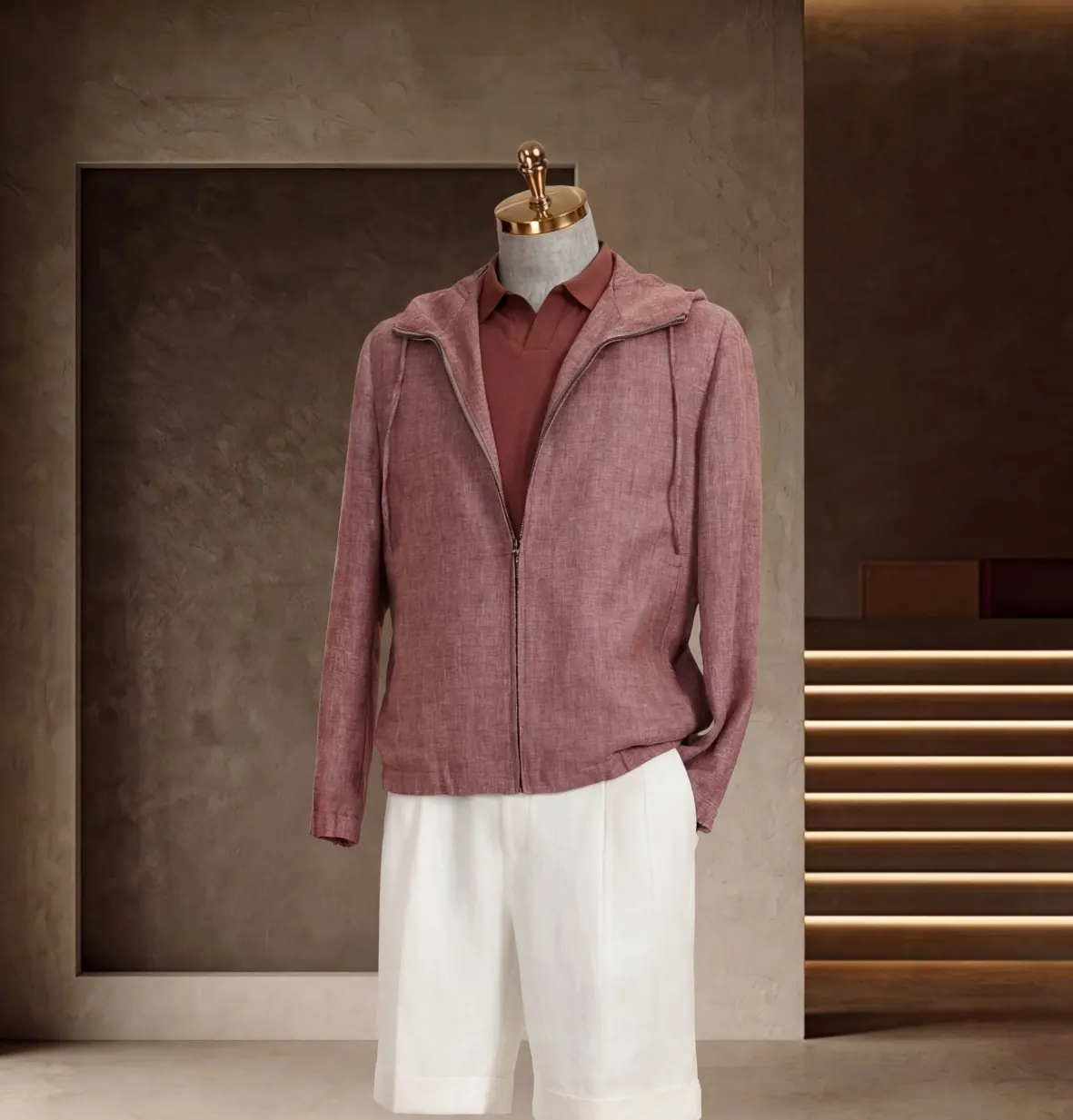 Southern French Vacation Series look 10: Rose linen shirt, White trousers, Relaxed holiday at Wuyue Bespoke Tailoring Shanghai