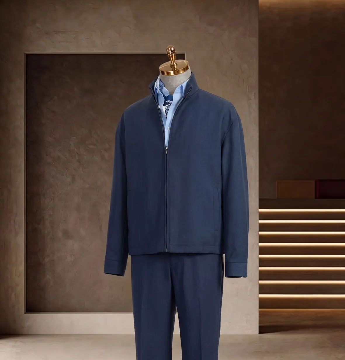 Southern French Vacation Series look 11: Blue knit set, Striped shirt, Coastal knitwear at Wuyue Bespoke Tailoring Shanghai