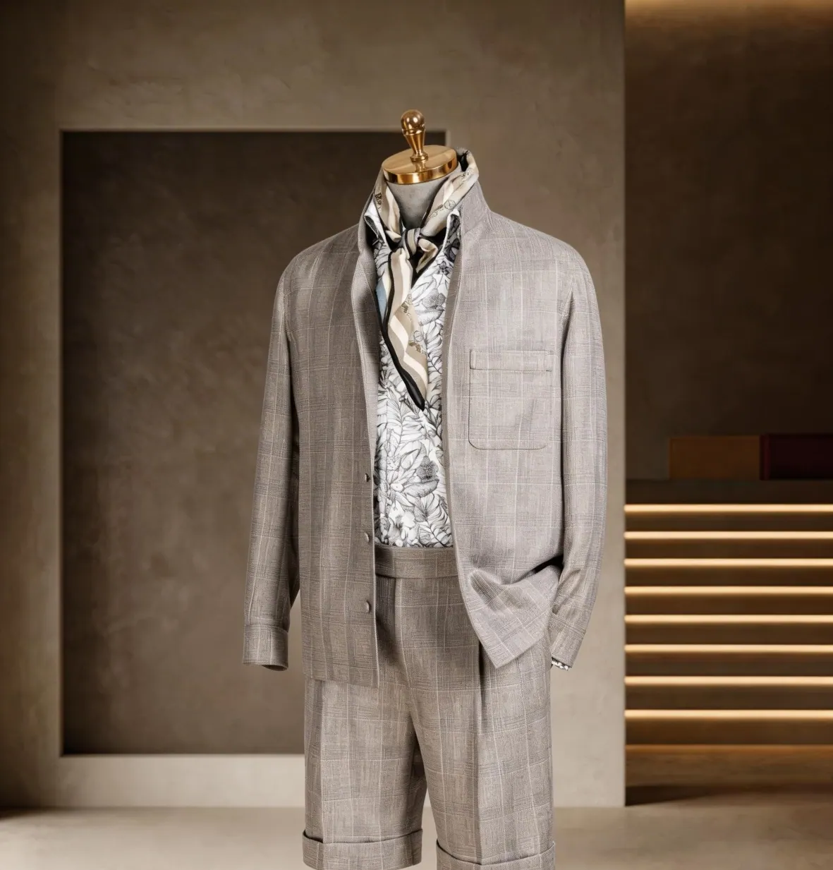Southern French Vacation Series look 12: Gray safari suit, Printed scarf, Vacation tailoring at Wuyue Bespoke Tailoring Shanghai