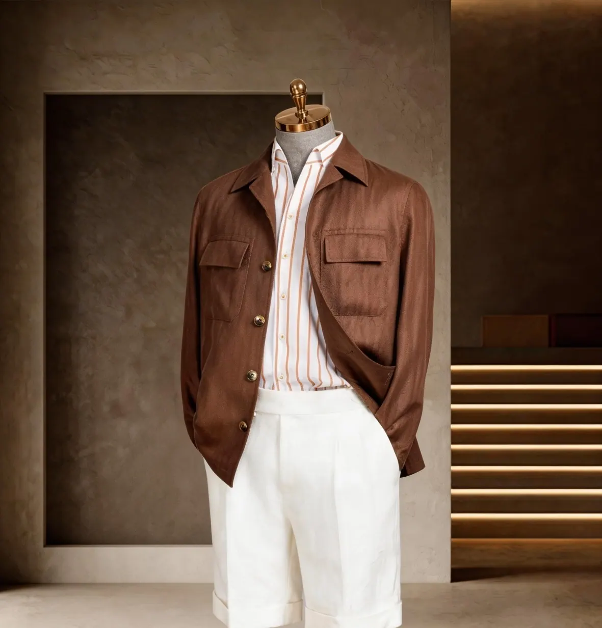 Southern French Vacation Series look 13: Cognac jacket, Open collar, White trousers at Wuyue Bespoke Tailoring Shanghai