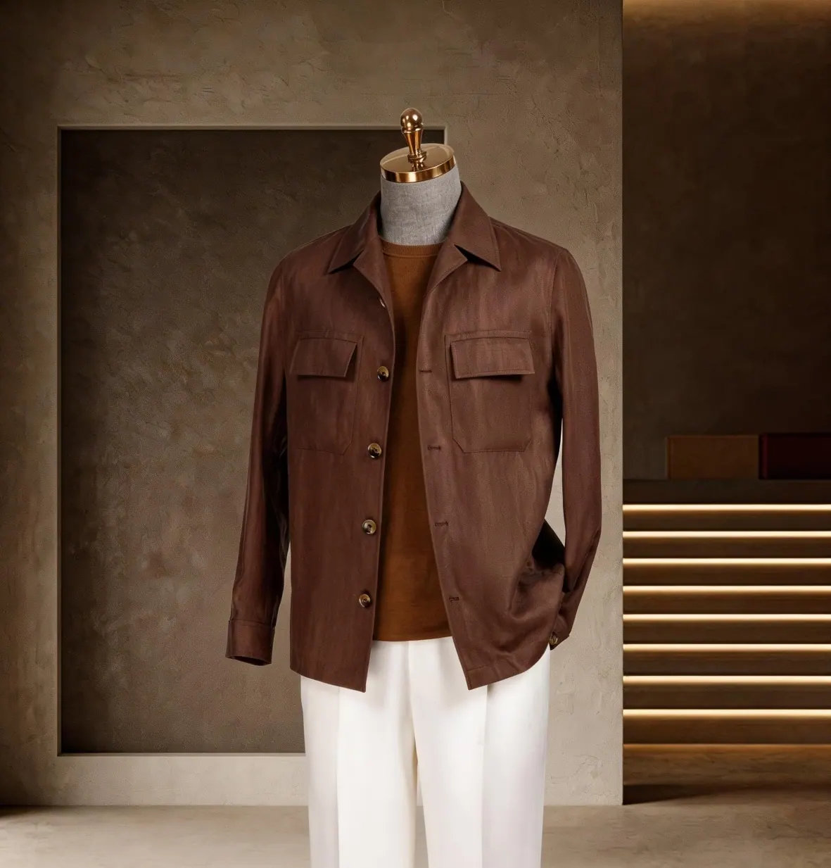 Southern French Vacation Series look 14: Brown overshirt, White trousers, Casual layering at Wuyue Bespoke Tailoring Shanghai