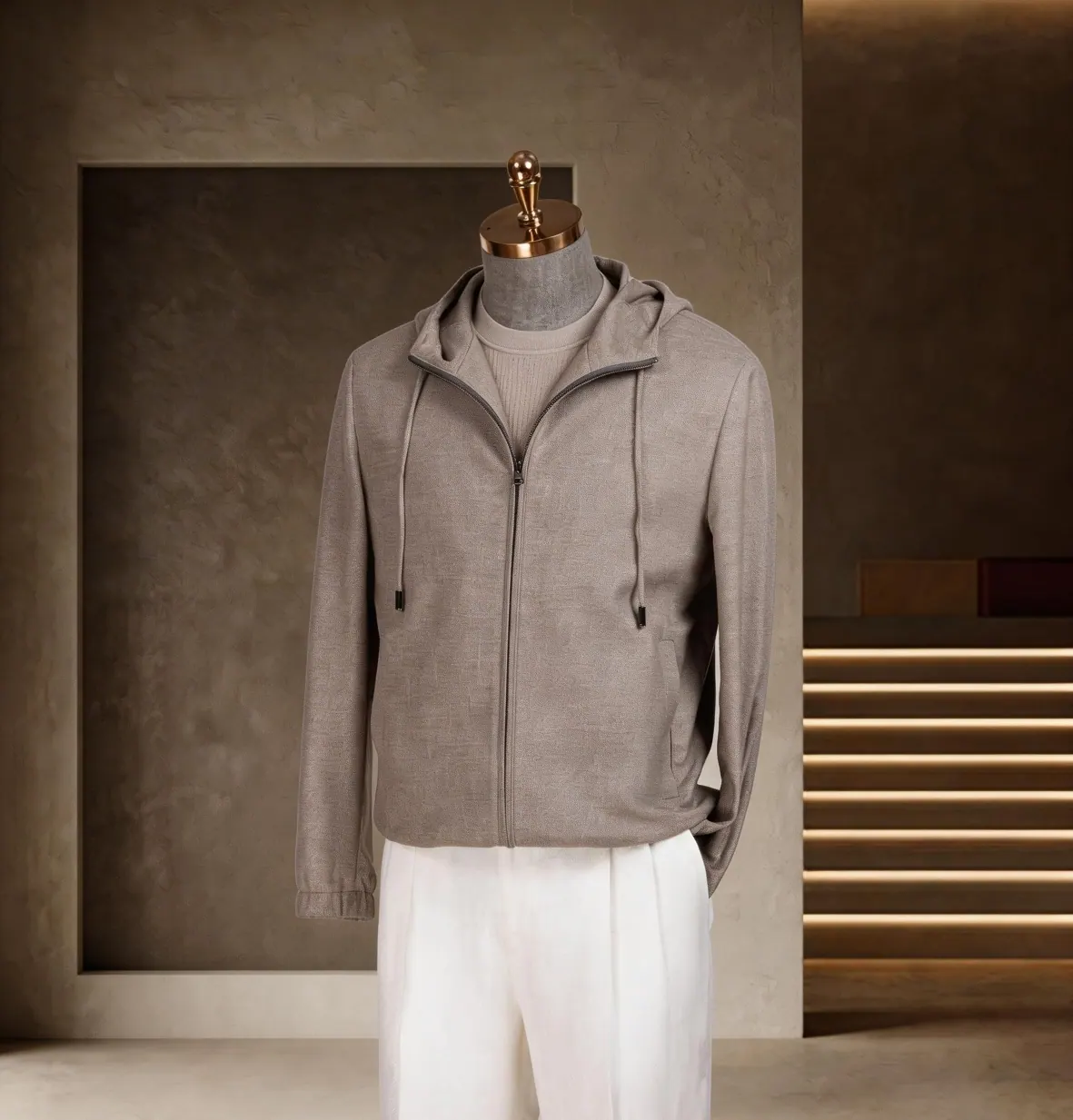 Southern French Vacation Series look 15: Greige hooded jacket, Cream knit, Travel ease at Wuyue Bespoke Tailoring Shanghai