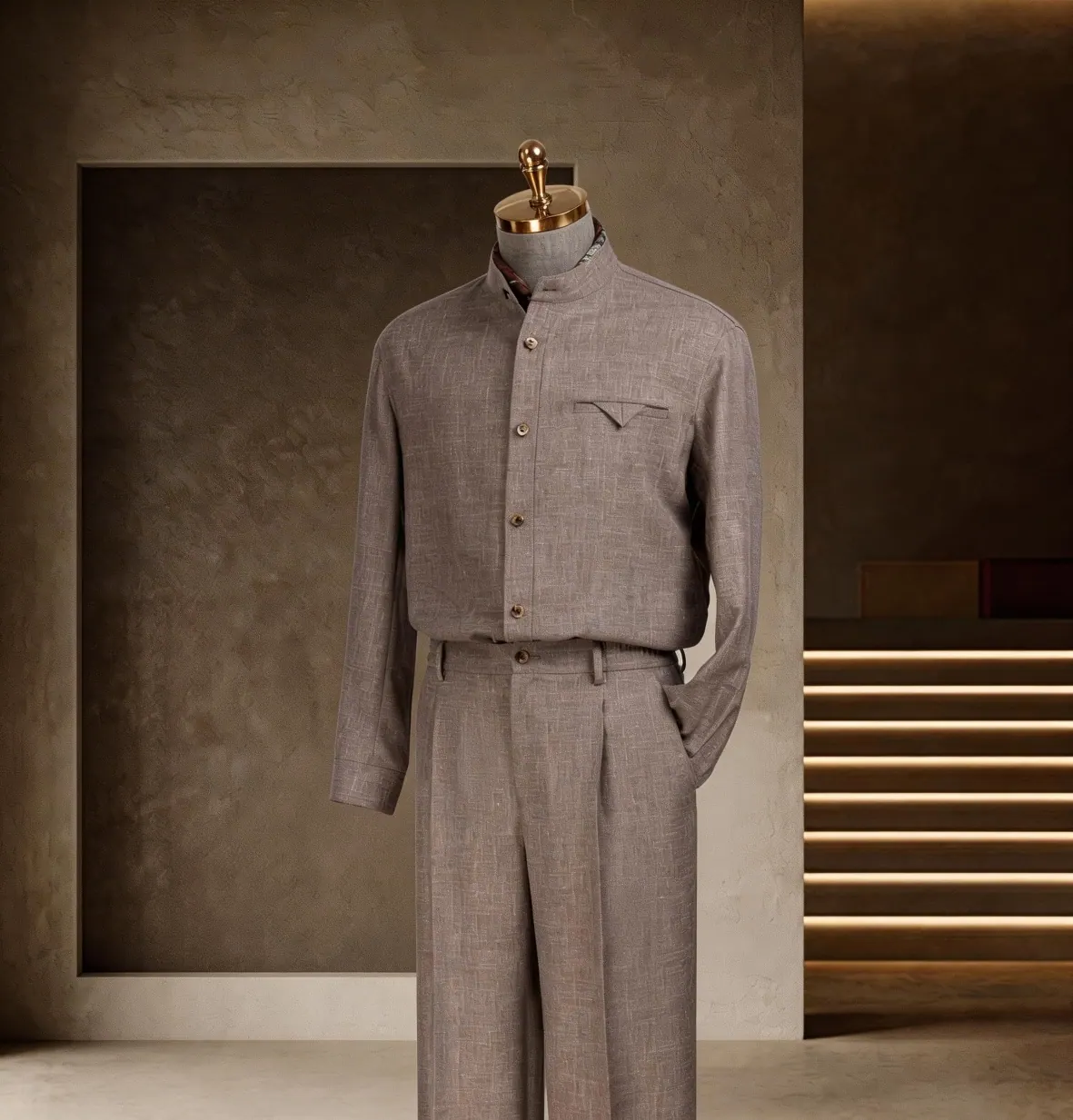 Southern French Vacation Series look 16: Taupe shirt set, Tonal trousers, Soft utility at Wuyue Bespoke Tailoring Shanghai