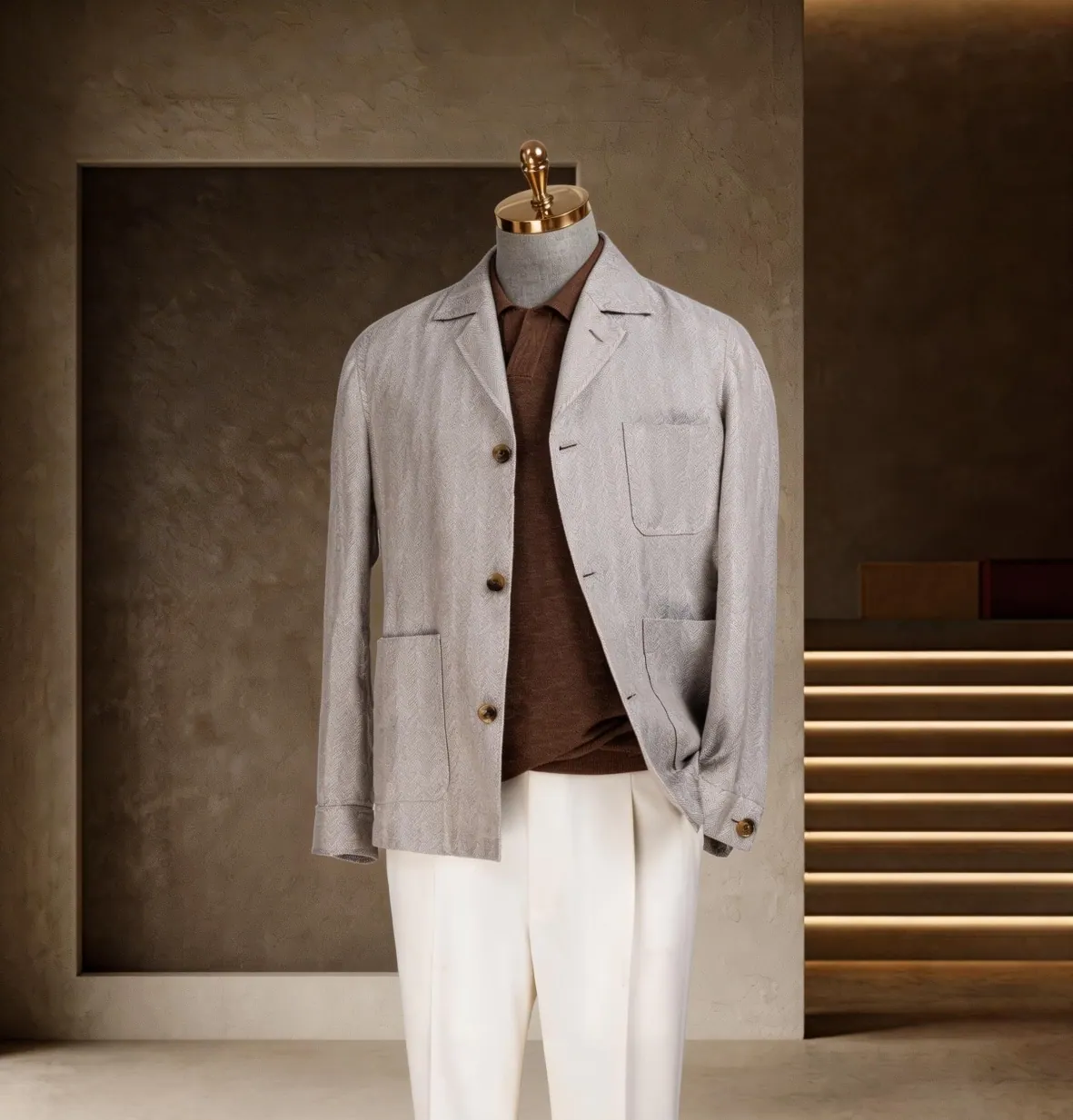 Southern French Vacation Series look 17: Light gray shirt jacket, Brown knit, White trousers at Wuyue Bespoke Tailoring Shanghai