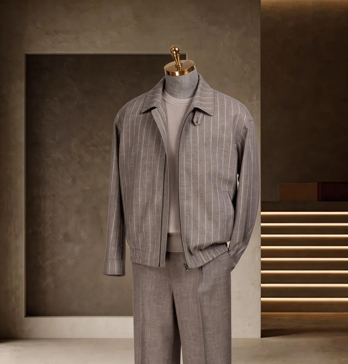 Southern French Vacation Series look 19: Gray pinstripe jacket, Matching trousers, Relaxed structure at Wuyue Bespoke Tailoring Shanghai