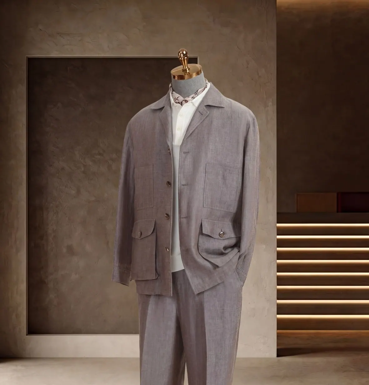 Southern French Vacation Series look 20: Lilac-gray overshirt, White tee, Travel separates at Wuyue Bespoke Tailoring Shanghai