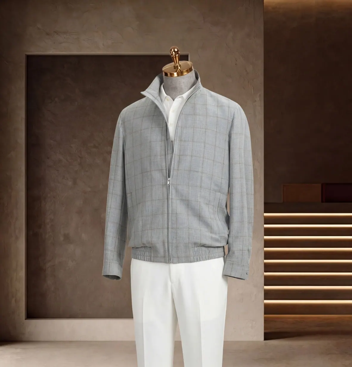 Southern French Vacation Series look 21: Pale blue zip jacket, White trousers, Breezy layer at Wuyue Bespoke Tailoring Shanghai