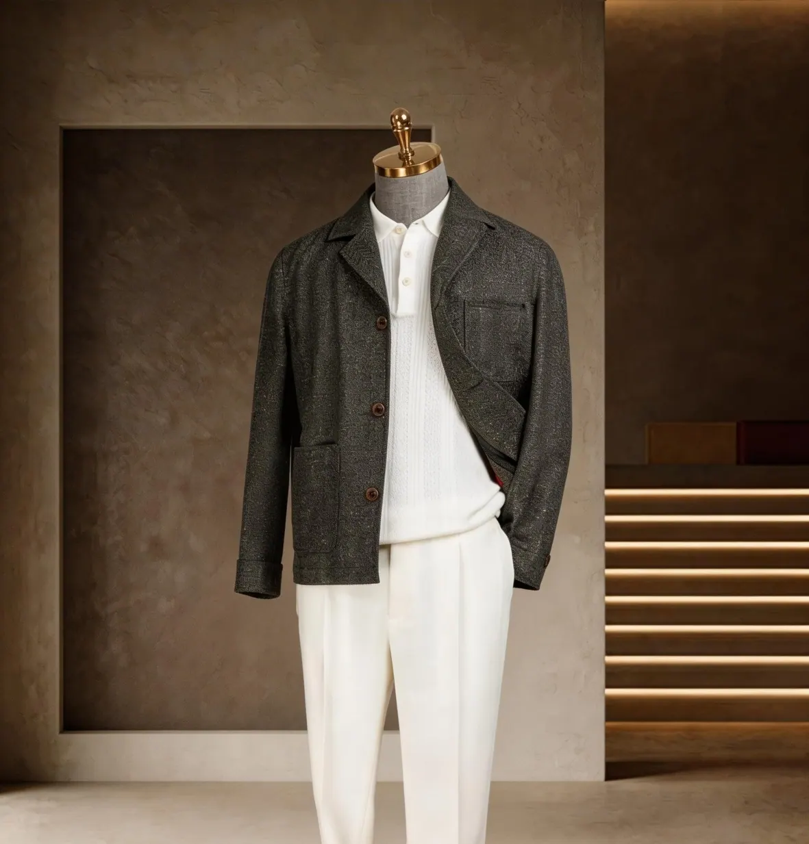 Southern French Vacation Series look 23: Olive overshirt, White knit, Casual travel at Wuyue Bespoke Tailoring Shanghai