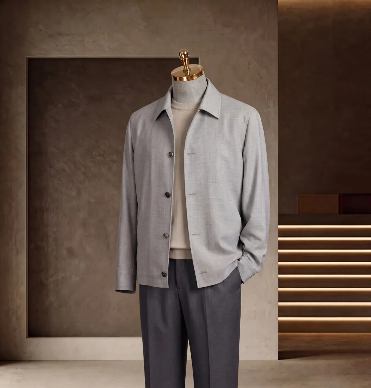 Southern French Vacation Series look 24: Silver-gray overshirt, Taupe knit, Relaxed neutrals at Wuyue Bespoke Tailoring Shanghai