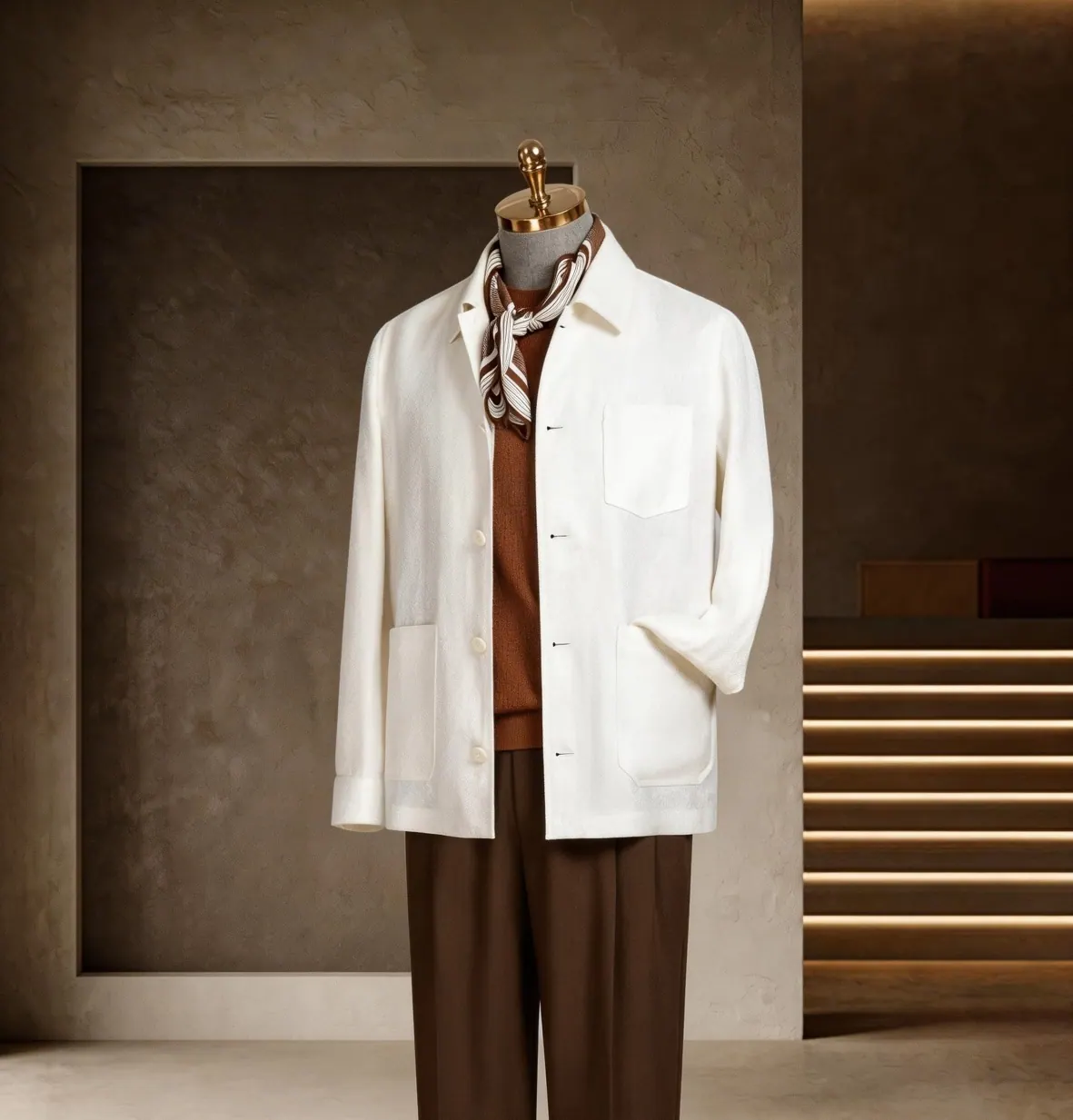 Southern French Vacation Series look 26: White overshirt, Brown trousers, Scarf accent at Wuyue Bespoke Tailoring Shanghai