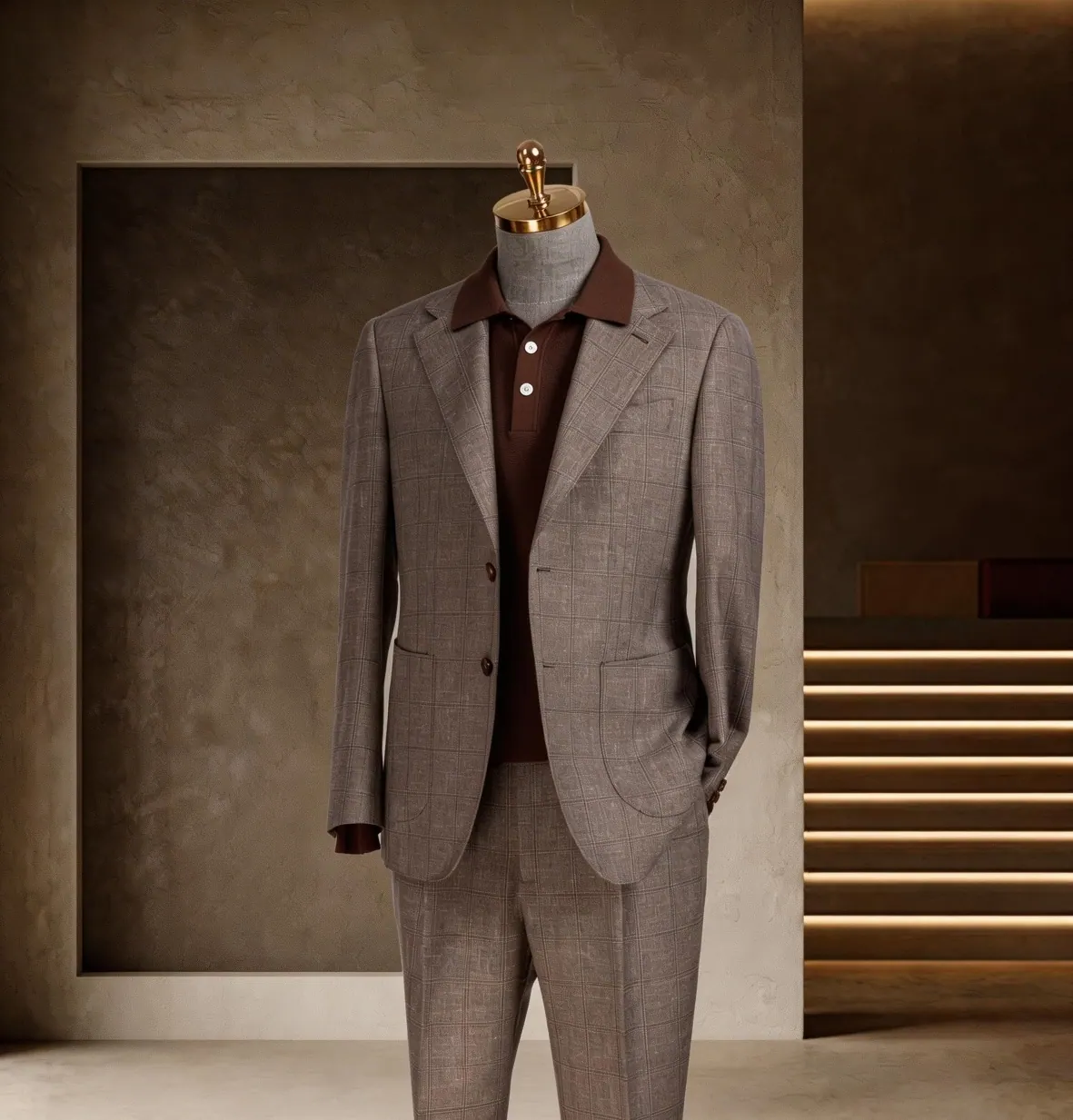 Tuscany Series look 1: Taupe suit, Burgundy knit, Country tailoring at Wuyue Bespoke Tailoring Shanghai