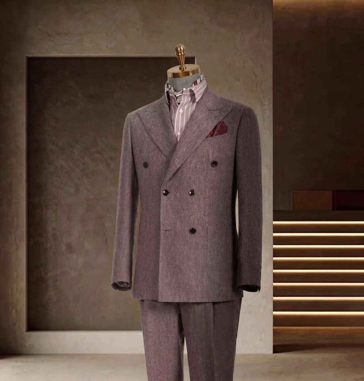 Tuscany Series look 2: Mauve double-breasted, Pocket square, Soft business at Wuyue Bespoke Tailoring Shanghai