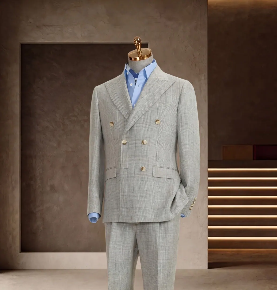 Tuscany Series look 3: Pale sage double-breasted, Blue shirt, Summer suit at Wuyue Bespoke Tailoring Shanghai