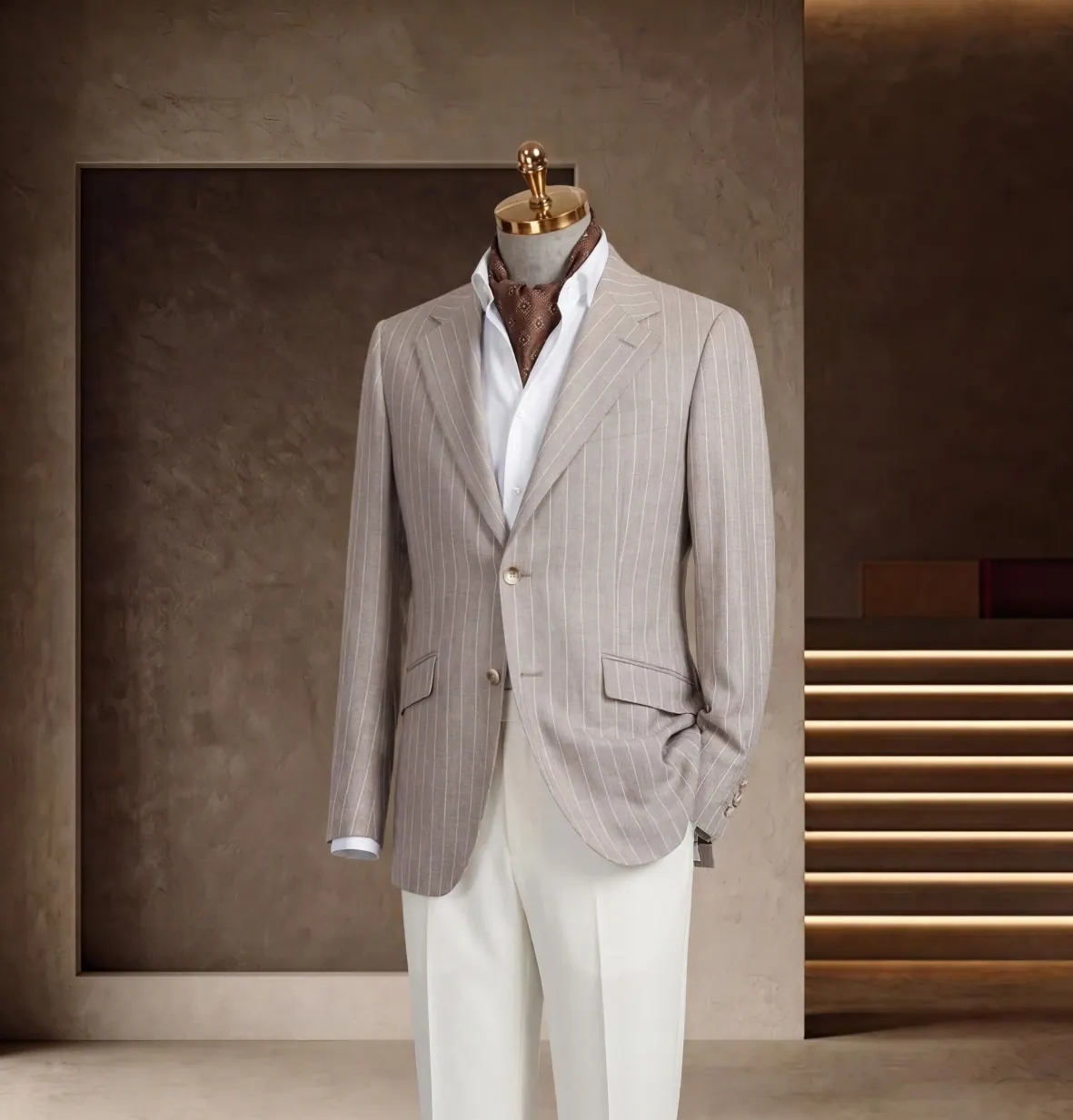 Tuscany Series look 4: Beige jacket, White trousers, Open collar at Wuyue Bespoke Tailoring Shanghai