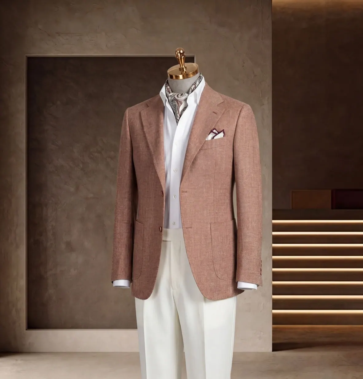 Tuscany Series look 5: Dusty rose blazer, White trousers, Soft separates at Wuyue Bespoke Tailoring Shanghai