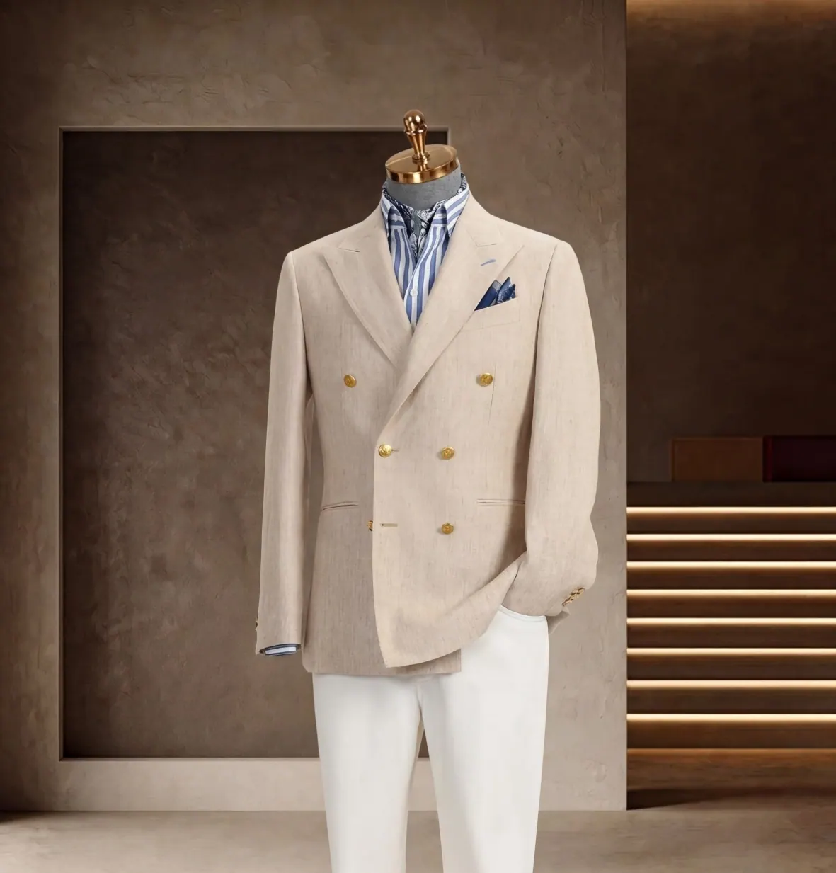 Tuscany Series look 6: Ivory double-breasted blazer, White trousers, Blue accent at Wuyue Bespoke Tailoring Shanghai