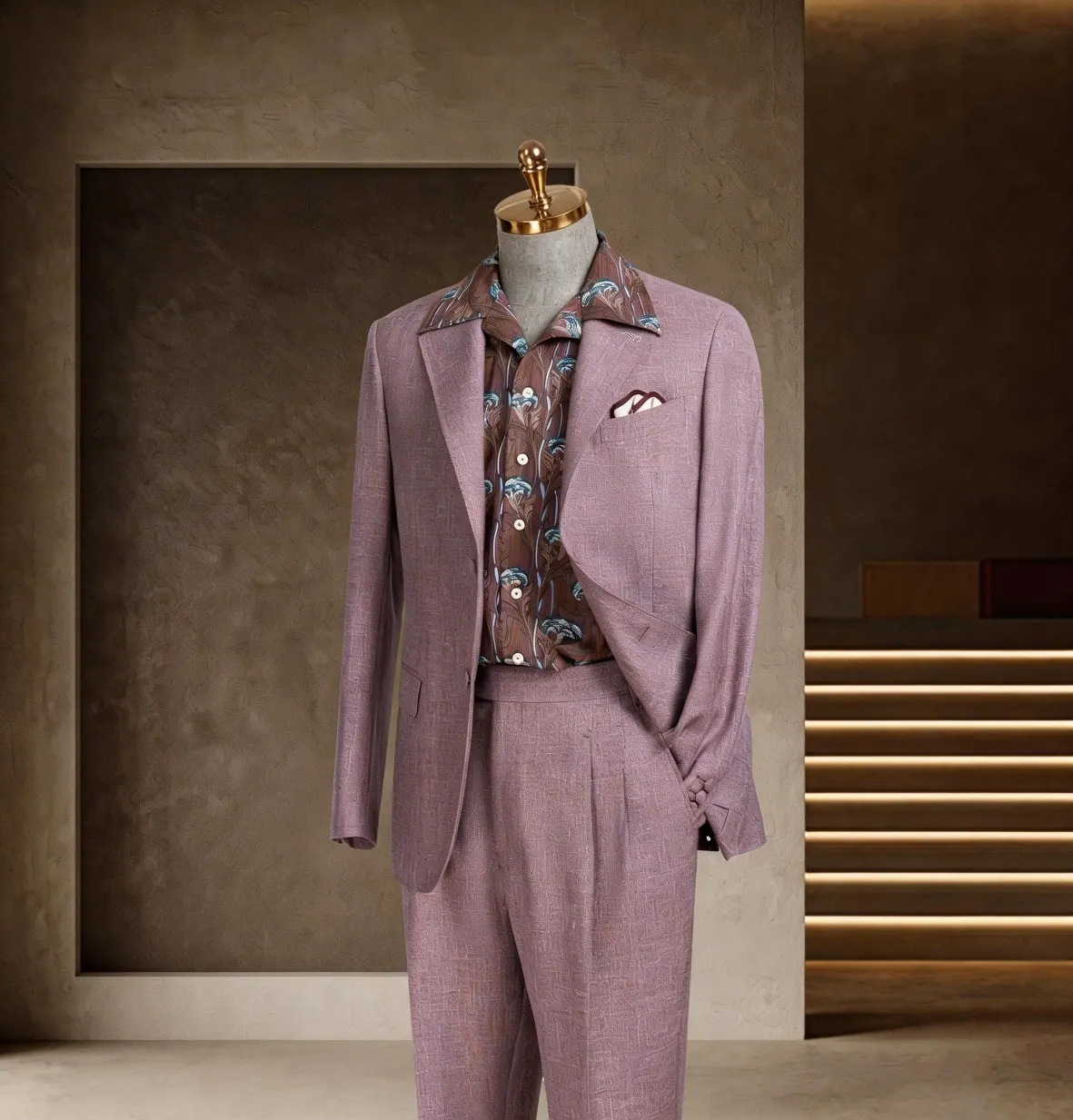 Tuscany Series look 9: Lavender suit, Printed shirt, Expressive tailoring at Wuyue Bespoke Tailoring Shanghai