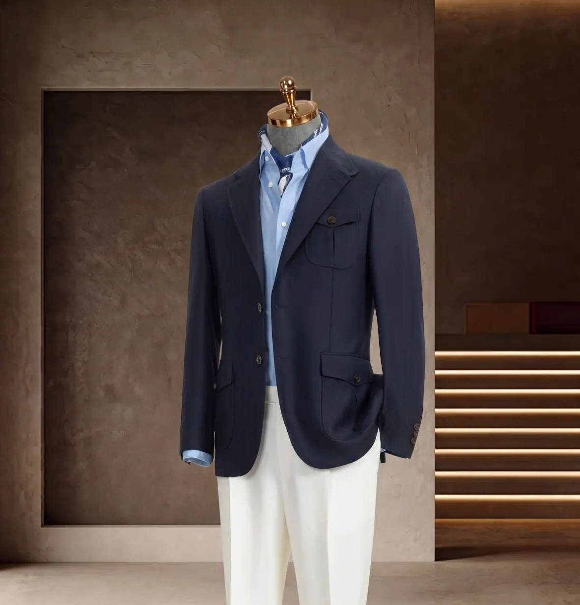 Tuscany Series look 10: Navy blazer, White trousers, Riviera classic at Wuyue Bespoke Tailoring Shanghai