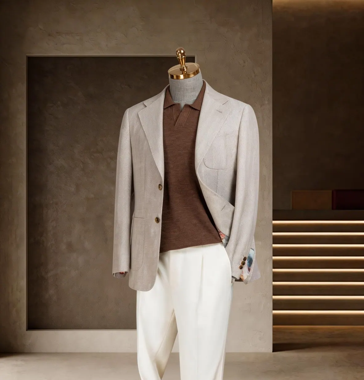 Tuscany Series look 11: Cream blazer, Brown knit, White trousers at Wuyue Bespoke Tailoring Shanghai