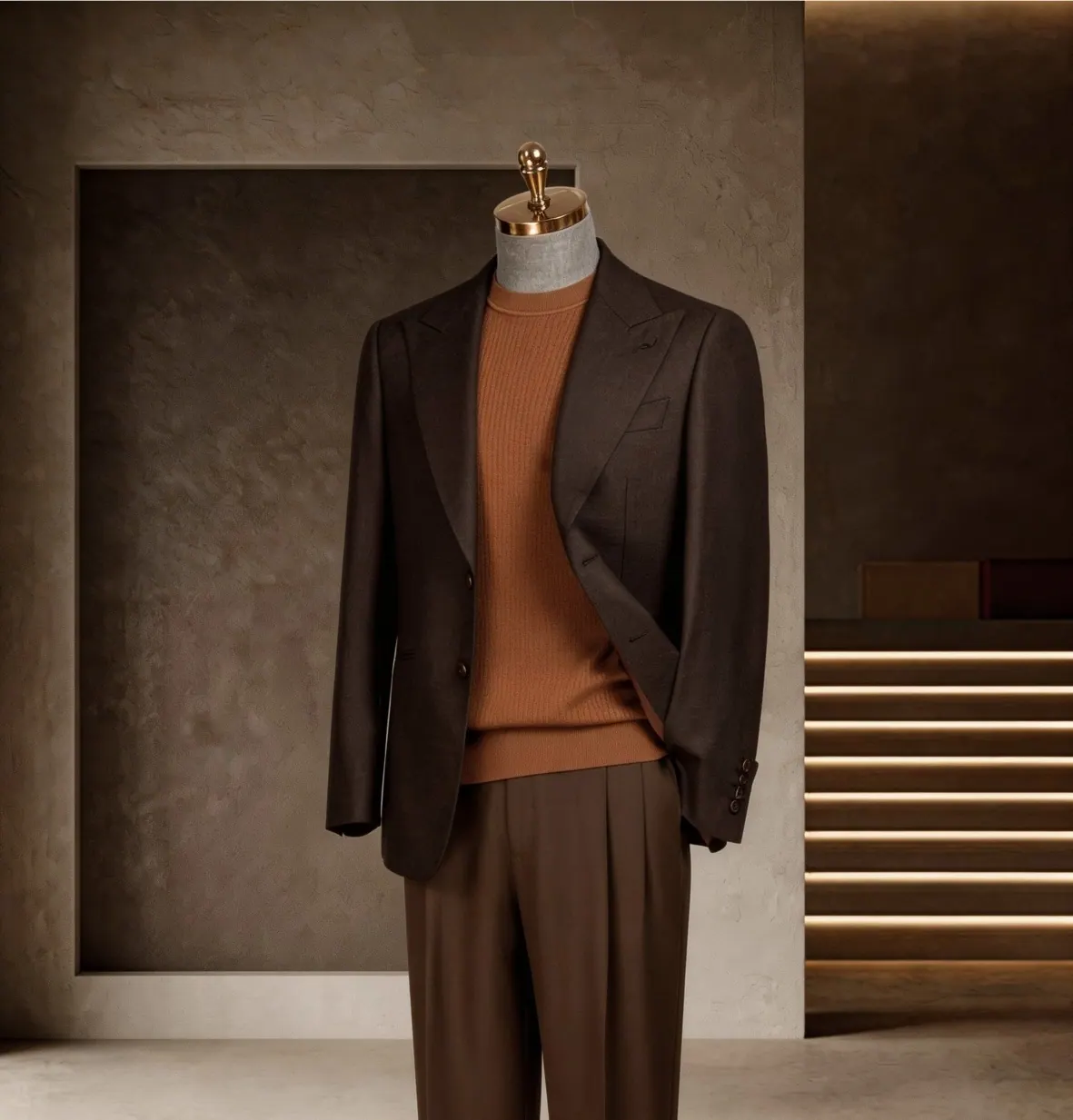 Tuscany Series look 13: Dark brown blazer, Rust knit, Earth-tone tailoring at Wuyue Bespoke Tailoring Shanghai