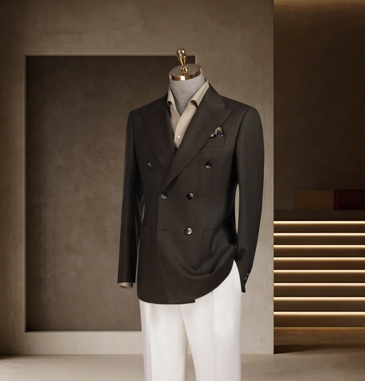 Tuscany Series look 14: Dark double-breasted blazer, Ivory trousers, Evening separates at Wuyue Bespoke Tailoring Shanghai