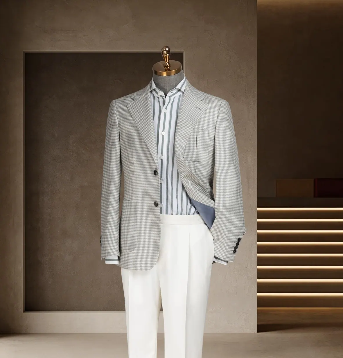 Tuscany Series look 15: Pale gray blazer, Striped shirt, White trousers at Wuyue Bespoke Tailoring Shanghai