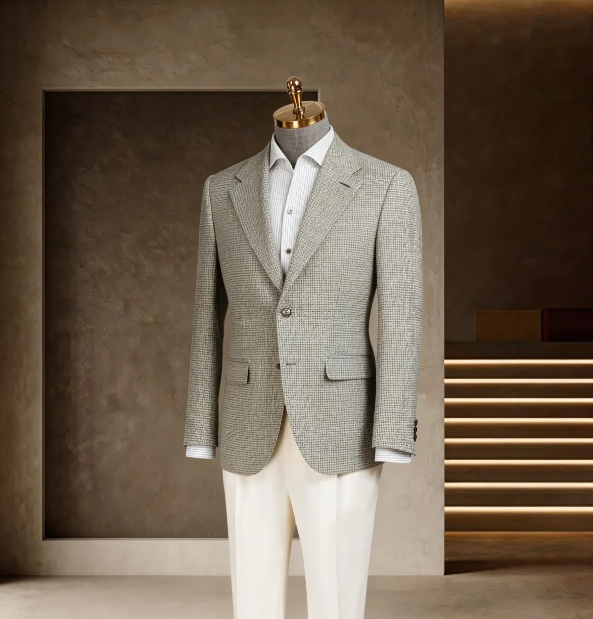 Tuscany Series look 16: Sage blazer, White trousers, Soft structure at Wuyue Bespoke Tailoring Shanghai