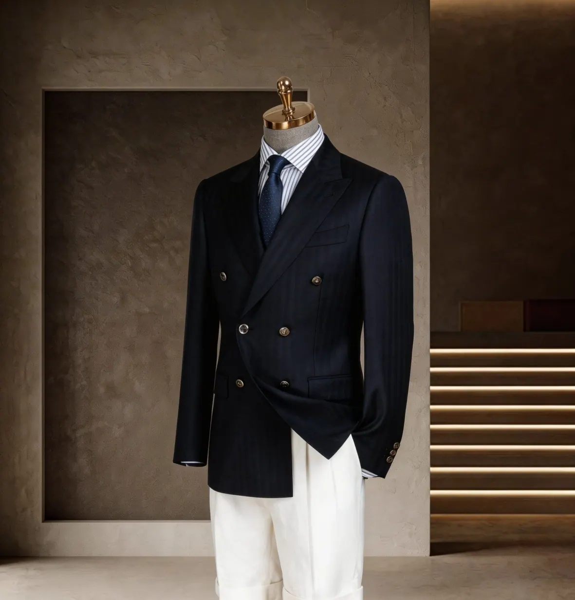 Tuscany Series look 17: Navy double-breasted blazer, White trousers, Sharp contrast at Wuyue Bespoke Tailoring Shanghai